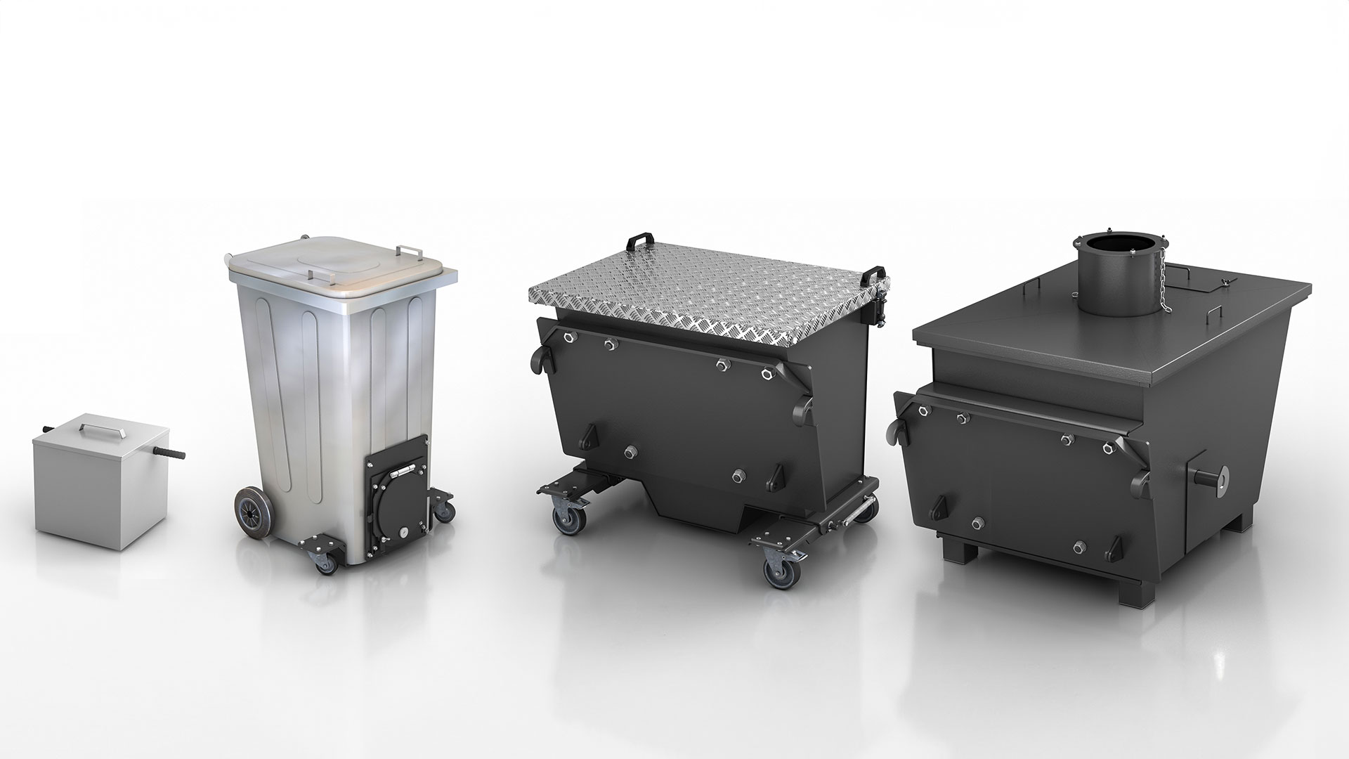 Verschiedene Aschecontainer und Behälter zur Ascheentsorgung von Hackschnitzelheizungen