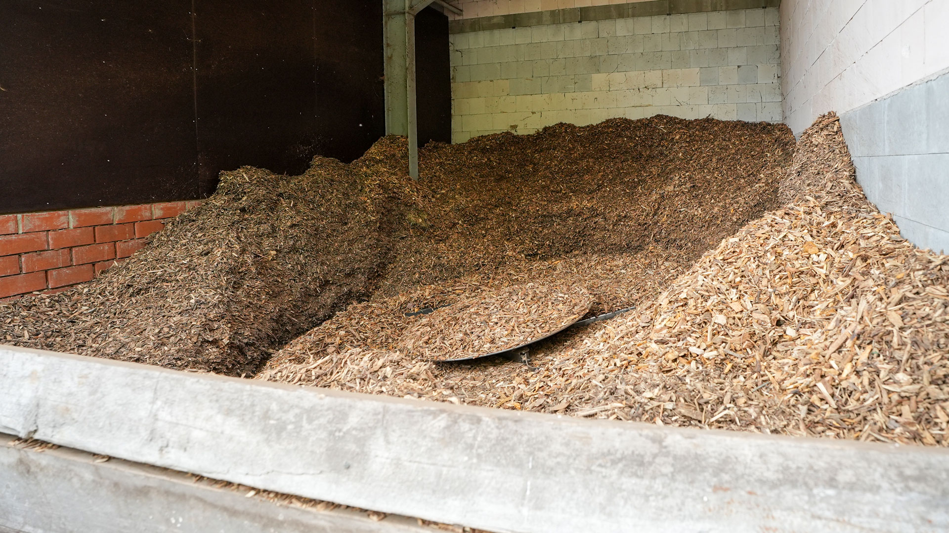 Holzhackschnitzel in einem Brennstoffbunker mit Bunkerfräse