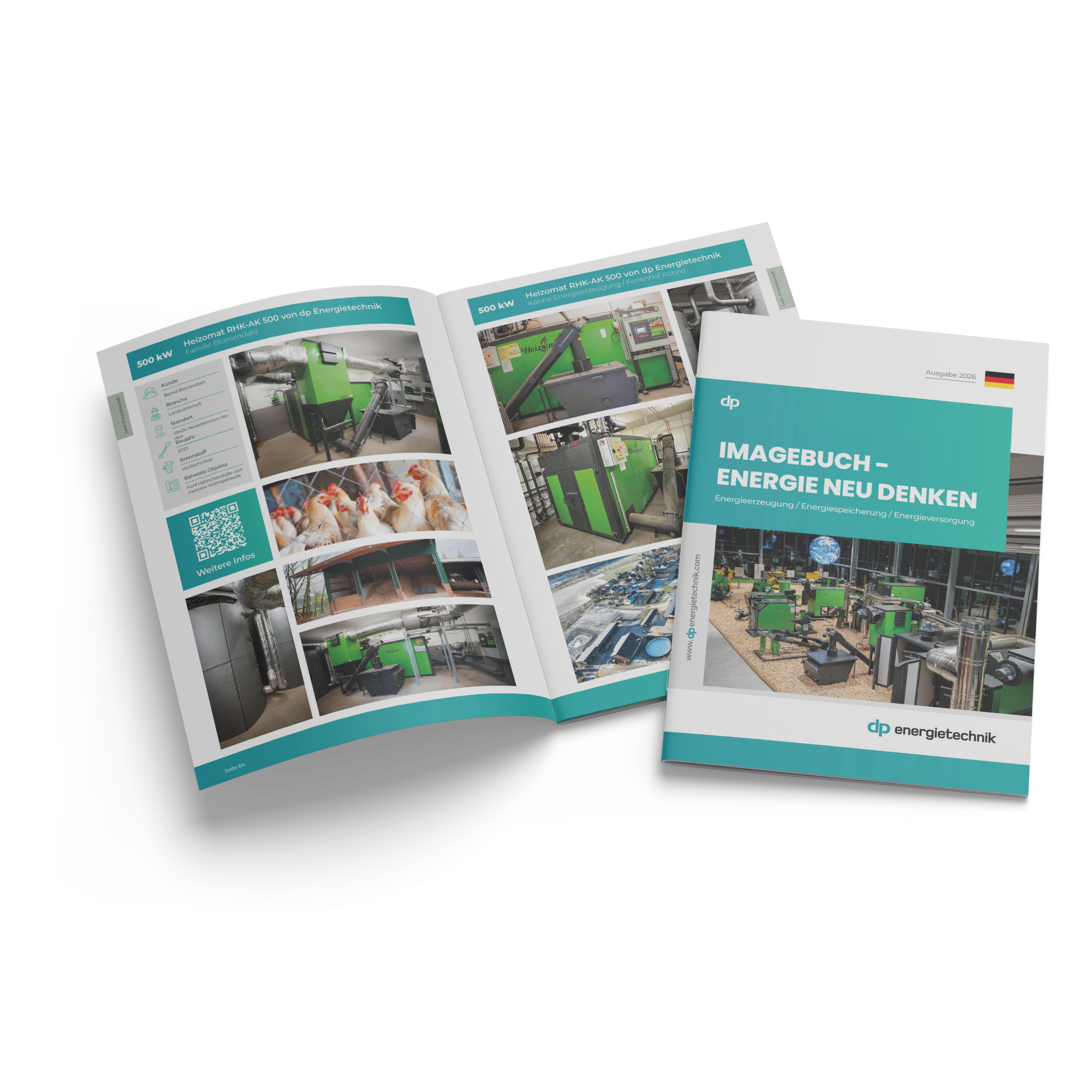 Zeitschrift Mockup vom Referenzbuch der Firma dp Energietechnik mit Kundeneberichten, Case Studies, und Erfahrungen mit Hackschnitzelheizungen