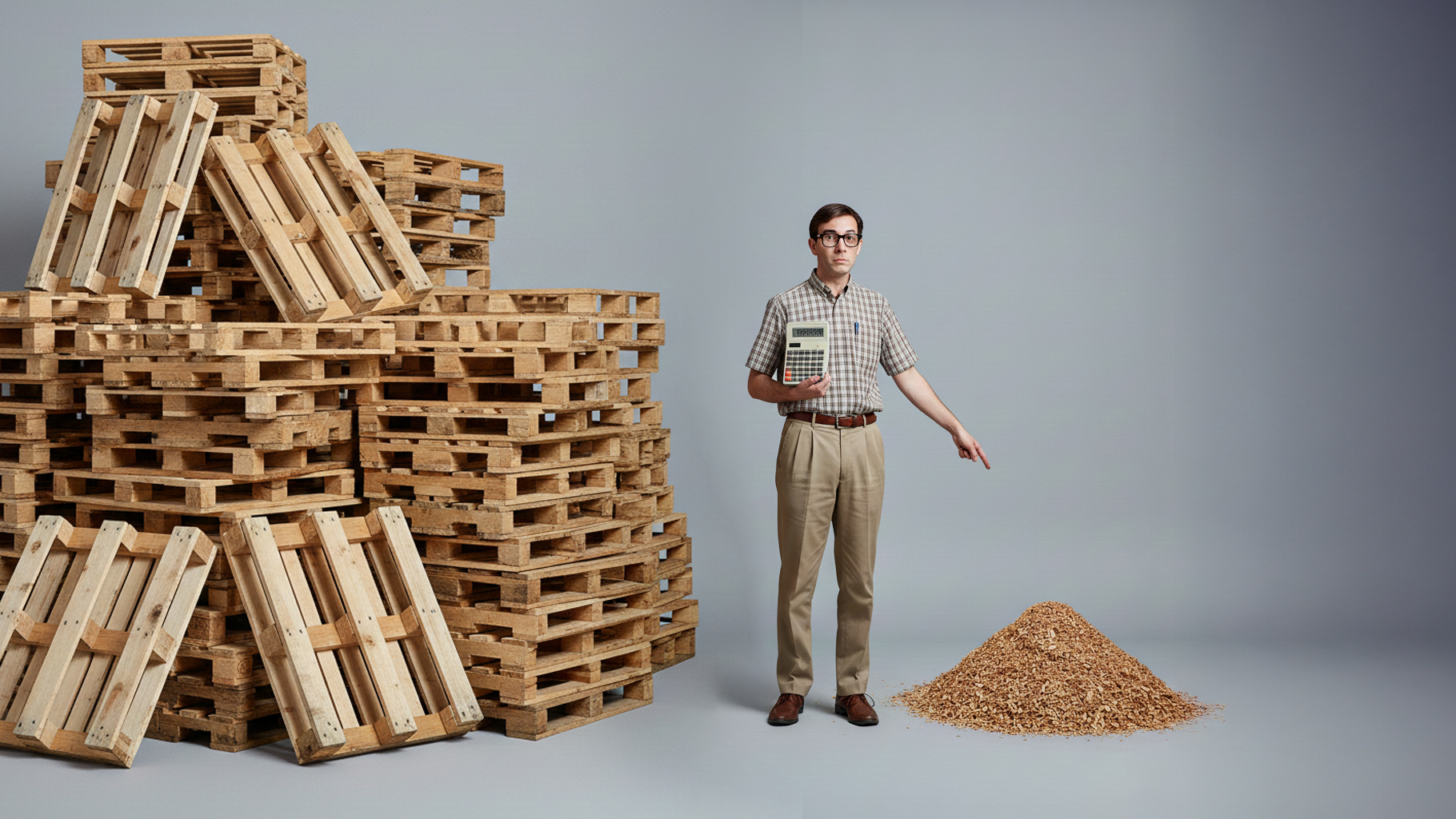 Palettenberg und ein Buchhalter, der erkennt daraus Gewinn zu machen